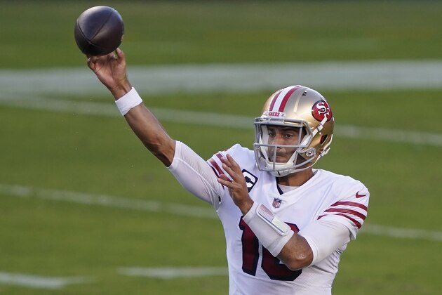 San Francisco 49ers quarterback Jimmy Garoppolo passes against the Los Angeles Rams during the first half of an NFL football game in Santa Clara, Calif., Sunday, Oct. 18, 2020. (AP Photo/Tony Avelar)