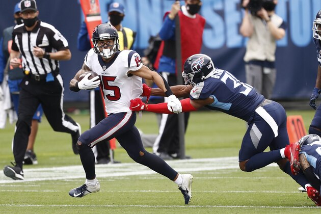 Houston Texans wide receiver Will Fuller (15) tries to get past Tennessee Titans free safety Kevin Byard (31) in the first half of an NFL football game Sunday, Oct. 18, 2020, in Nashville, Tenn. (AP Photo/Wade Payne) Houston Texans wide receiver Will Fuller (15) tries to get past Tennessee Titans free safety Kevin Byard (31) in the first half of an NFL football game Sunday, Oct. 18, 2020, in Nashville, Tenn. (AP Photo/Wade Payne)