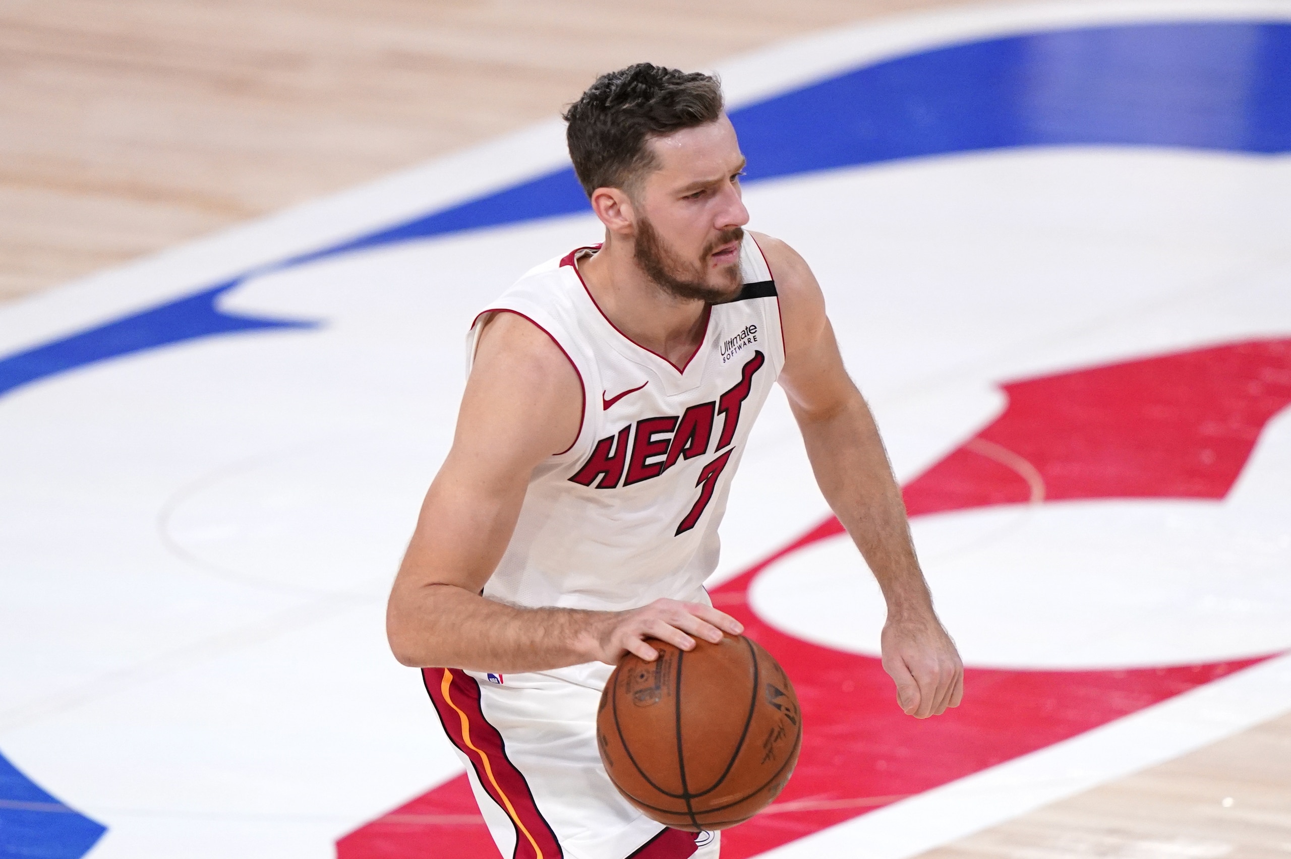 Miami Heat's Goran Dragic (7) plays against the Boston Celtics during the first half of an NBA conference final playoff basketball game Friday, Sept. 25, 2020, in Lake Buena Vista, Fla. (AP Photo/Mark J. Terrill)