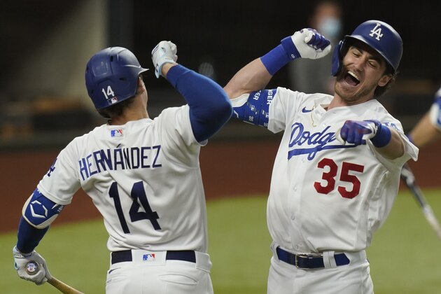 Los Angeles Dodgers' Cody Bellinger, right, celebrates his home run with Enrique Hernandez against the Atlanta Braves during the seventh inning in Game 7 of a baseball National League Championship Series Sunday, Oct. 18, 2020, in Arlington, Texas.(AP Photo/Eric Gay) Los Angeles Dodgers' Cody Bellinger, right, celebrates his home run with Enrique Hernandez against the Atlanta Braves during the seventh inning in Game 7 of a baseball National League Championship Series Sunday, Oct. 18, 2020, in Arlington, Texas.(AP Photo/Eric Gay)