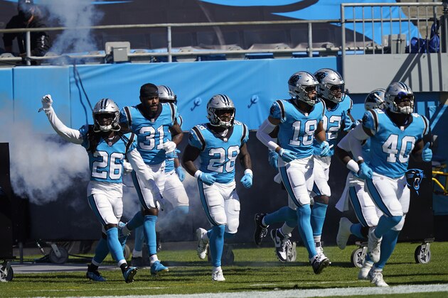 The Carolina Panthers take the field for an NFL football game against the Chicago Bears in Charlotte, N.C., Sunday, Oct. 18, 2020. (AP Photo/Brian Blanco)