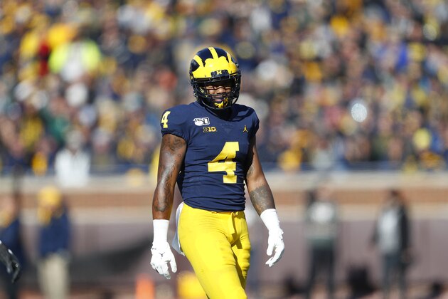 Michigan wide receiver Nico Collins plays against Michigan State in the first half of an NCAA college football game in Ann Arbor, Mich., Saturday, Nov. 16, 2019. (AP Photo/Paul Sancya)