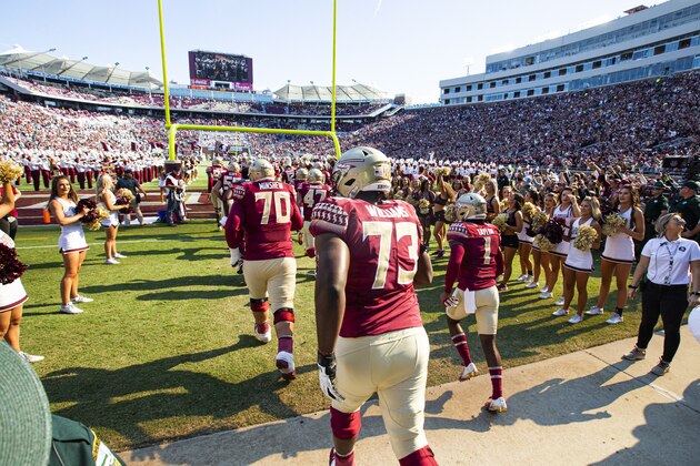Florida State takes the field against Miami for an NCAA college football game in Tallahassee, Fla., Saturday, Nov. 2, 2019. (AP Photo/Mark Wallheiser)
