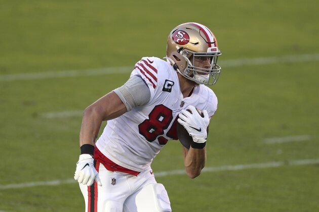 San Francisco 49ers tight end George Kittle (85) runs against the Los Angeles Rams during the first half of an NFL football game in Santa Clara, Calif., Sunday, Oct. 18, 2020. (AP Photo/Jed Jacobsohn)