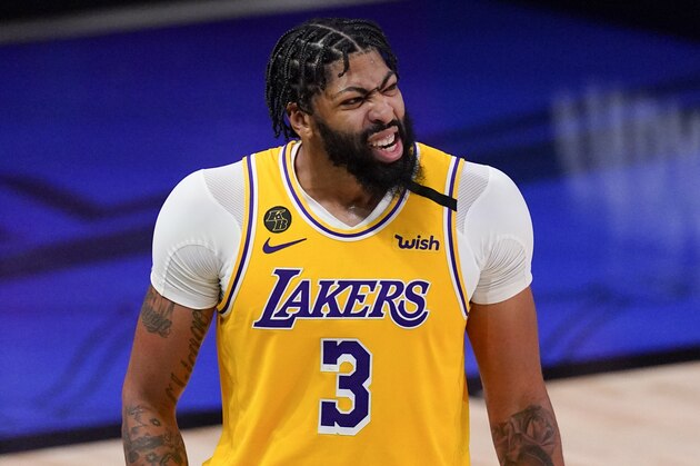 Los Angeles Lakers forward Anthony Davis plays against the Miami Heat during the second half in Game 4 of basketball's NBA Finals Tuesday, Oct. 6, 2020, in Lake Buena Vista, Fla. (AP Photo/Mark J. Terrill)