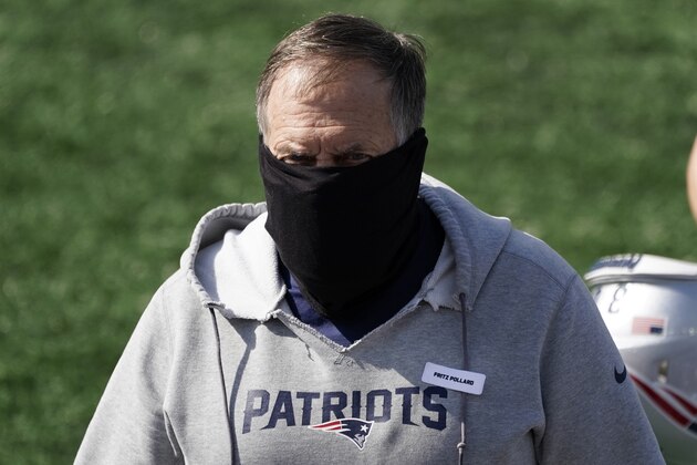 New England Patriots head coach Bill Belichick wears a mask during the coronavirus pandemic before an NFL football game against the Denver Broncos, Sunday, Oct. 18, 2020, in Foxborough, Mass. (AP Photo/Charles Krupa)