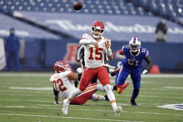 Kansas City Chiefs quarterback Patrick Mahomes throws a pass during the first half of an NFL football game against the Buffalo Bills, Monday, Oct. 19, 2020, in Orchard Park, N.Y. (AP Photo/Adrian Kraus)