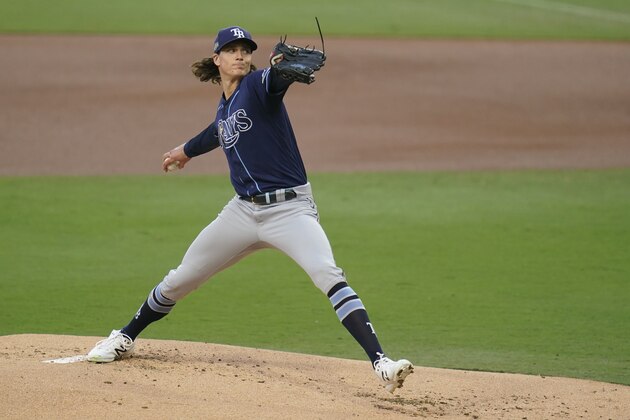 Tampa Bay Rays pitcher Tyler Glasnow pitches during the first nning in Game 4 of a baseball American League Championship Series, Wednesday against the Houston Astros, Oct. 14, 2020, in San Diego. (AP Photo/Gregory Bull)
