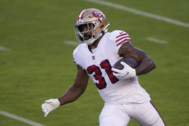 San Francisco 49ers running back Raheem Mostert (31) runs against the Los Angeles Rams during the first half of an NFL football game in Santa Clara, Calif., Sunday, Oct. 18, 2020. (AP Photo/Tony Avelar)