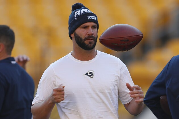 Los Angeles Rams quarterback Blake Bortles warms up before an NFL football game against the Pittsburgh Steelers in Pittsburgh, Sunday, Nov. 10, 2019. (AP Photo/Keith Srakocic) Los Angeles Rams quarterback Blake Bortles warms up before an NFL football game against the Pittsburgh Steelers in Pittsburgh, Sunday, Nov. 10, 2019. (AP Photo/Keith Srakocic)