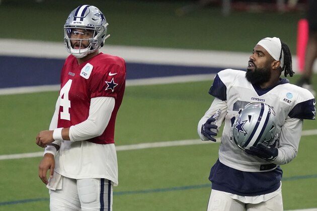 Dallas Cowboys quarterback Dak Prescott (4) and running back Ezekiel Elliott (21) start to line up for a drill during an NFL football training camp in Frisco, Texas, Monday, Aug. 17, 2020. (AP Photo/LM Otero)