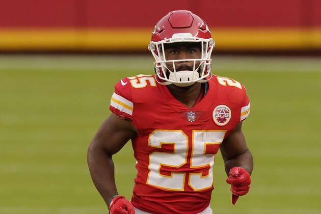 Kansas City Chiefs running back Clyde Edwards-Helaire runs onto the field during the first half of an NFL football game against the New England Patriots, Monday, Oct. 5, 2020, in Kansas City. (AP Photo/Charlie Riedel)