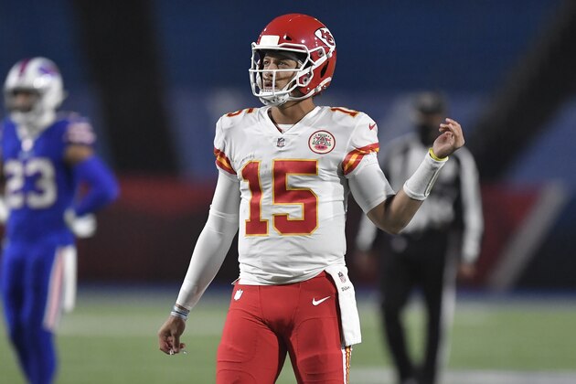 Kansas City Chiefs quarterback Patrick Mahomes during the second half of an NFL football game against the Buffalo Bills, Monday, Oct. 19, 2020, in Orchard Park, N.Y. (AP Photo/Adrian Kraus)