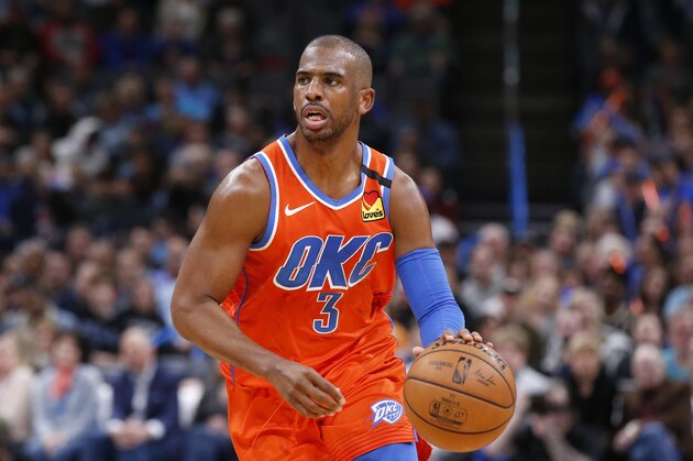 Oklahoma City Thunder guard Chris Paul (3) during an NBA basketball game against the San Antonio Spurs Sunday, Feb. 23, 2020, in Oklahoma City. (AP Photo/Sue Ogrocki)