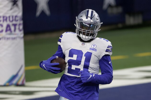 Dallas Cowboys running back Ezekiel Elliott (21) warms up before an NFL football game against the Arizona Cardinals in Arlington, Texas, Monday, Oct. 19, 2020. (AP Photo/Ron Jenkins) Dallas Cowboys running back Ezekiel Elliott (21) warms up before an NFL football game against the Arizona Cardinals in Arlington, Texas, Monday, Oct. 19, 2020. (AP Photo/Ron Jenkins)