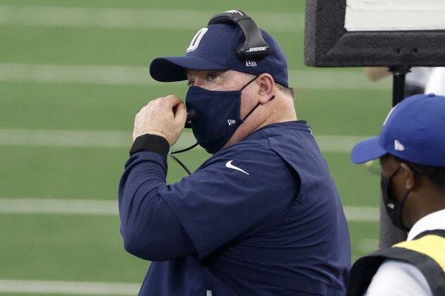 Dallas Cowboys head coach Mike McCarthy watches play against the New York Giants in the first half of an NFL football game in Arlington, Texas, Sunday, Oct. 11, 2020. (AP Photo/Ron Jenkins)