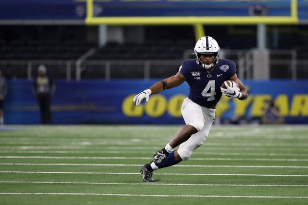 Penn State running back Journey Brown (4) runs with the ball during the second half of the NCAA Cotton Bowl college football game against Memphis in Arlington, Texas, Saturday, Dec. 28, 2019. (AP Photo/Roger Steinman) Penn State running back Journey Brown (4) runs with the ball during the second half of the NCAA Cotton Bowl college football game against Memphis in Arlington, Texas, Saturday, Dec. 28, 2019. (AP Photo/Roger Steinman)