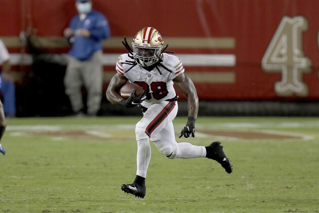 San Francisco 49ers running back Jerick McKinnon (28) in action during an NFL football game against the Los Angeles Rams, Sunday, Oct. 18, 2020, in Santa Clara, Calif. (AP Photo/Scot Tucker)