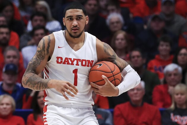 Dayton's Obi Toppin (1) controls the ball in the first half of an NCAA college basketball game against Duquesne, Saturday, Feb. 22, 2020, in Dayton, Ohio. Dayton won 80-70. (AP Photo/Aaron Doster)
