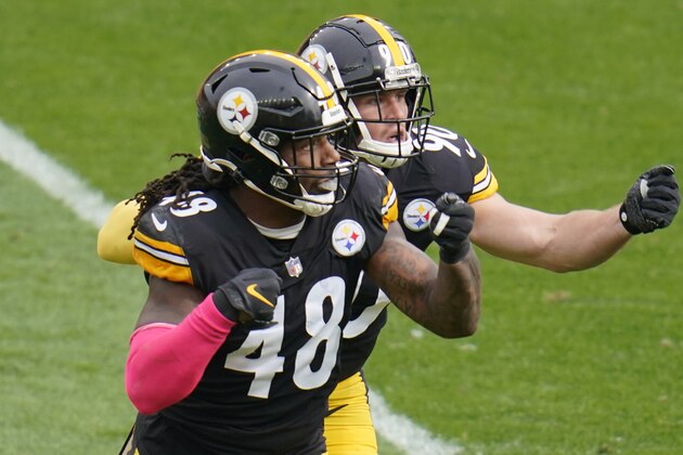 Pittsburgh Steelers linebackers Bud Dupree (48) and T.J. Watt celebrate a sack on Cleveland Browns quarterback Baker Mayfield (6) during the first half of an NFL football game, Sunday, Oct. 18, 2020, in Pittsburgh. (AP Photo/Gene J. Puskar)