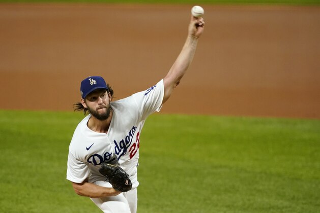 Los Angeles Dodgers starting pitcher Clayton Kershaw works against the San Diego Padres in Game 2 of a baseball National League Division Series Wednesday, Oct. 7, 2020, in Arlington, Texas. (AP Photo/Tony Gutierrez)