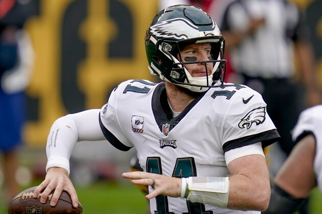 Philadelphia Eagles quarterback Carson Wentz (11) plays in an NFL football game against the Pittsburgh Steelers, Sunday, Oct. 11, 2020, in Pittsburgh. (AP Photo/Keith Srakocic)