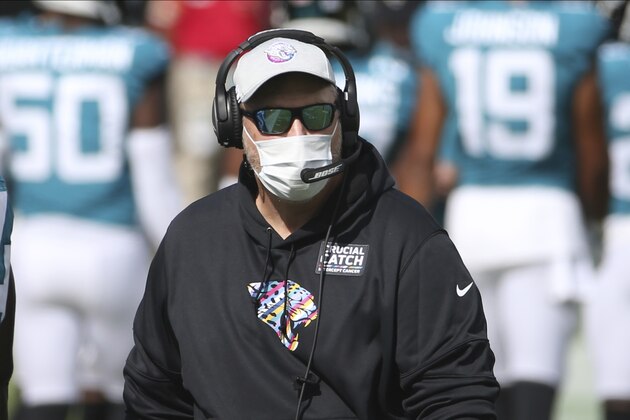 Jacksonville Jaguars head coach Doug Marrone directs his players against the Detroit Lions during the second half of an NFL football game, Sunday, Oct. 18, 2020, in Jacksonville, Fla. (AP Photo/Stephen B. Morton)