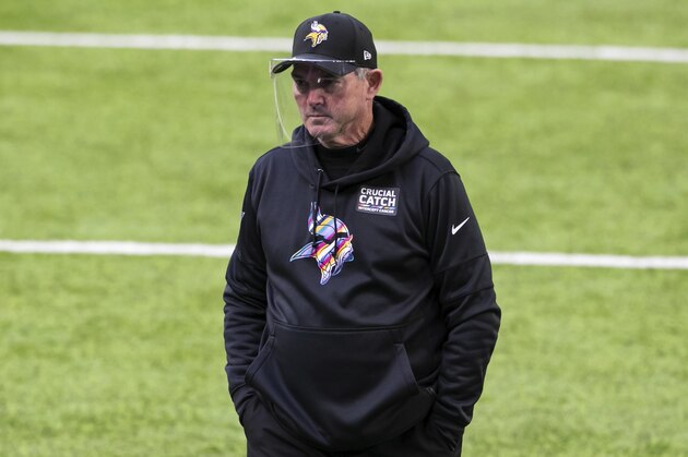 Minnesota Vikings head coach Mike Zimmer looks on before the start of an NFL football game against the Atlanta Falcons, Sunday, Oct. 18, 2020, in Minneapolis. The Falcons defeated the Vikings 40-23. (AP Photo/David Berding)