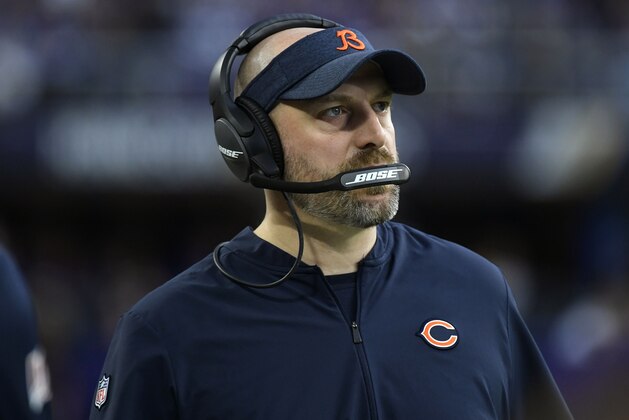 FILE - In this Dec. 29, 2019, file photo, Chicago Bears head coach Matt Nagy watches from the sideline during the first half of an NFL football game against the Minnesota Vikings in Minneapolis. The Bears failed to follow up successfully on Nagyâ€™s debut season in which he led the franchise to 12 wins and the NFC North title. (AP Photo/Craig Lassig, File)