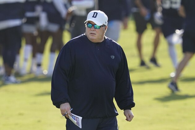 Dallas Cowboys head coach Mike McCarthy walks the field during an NFL football training camp practice in Frisco, Texas, Friday, Aug. 14, 2020.(AP Photo/LM Otero)