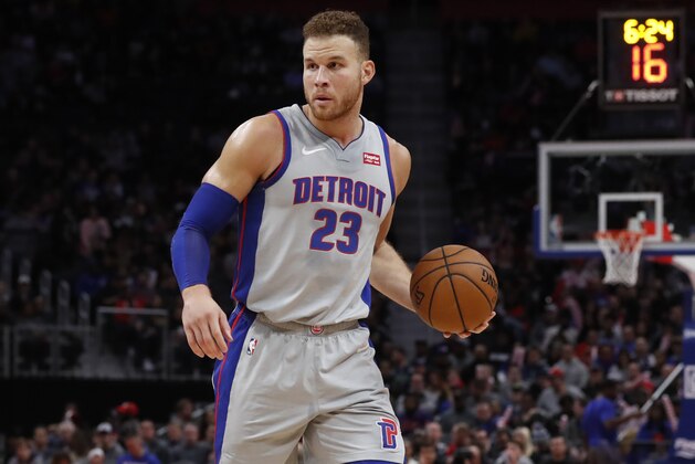 Detroit Pistons forward Blake Griffin brings the ball up court during the second half of an NBA basketball game, Monday, Dec. 23, 2019, in Detroit. (AP Photo/Carlos Osorio)