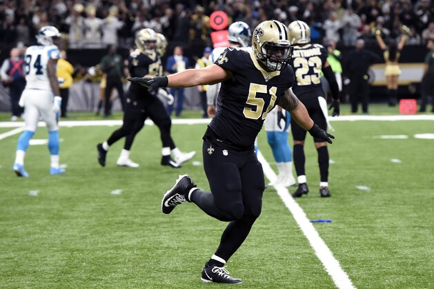 New Orleans Saints middle linebacker Manti Te'o (51) reacts after the Carolina Panthers missed a field goal in the first half of an NFL football game in New Orleans, Sunday, Jan. 7, 2018. (AP Photo/Bill Feig)