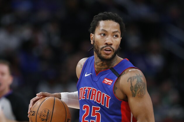 Detroit Pistons guard Derrick Rose controls the ball during the second half of an NBA basketball game, Thursday, Feb. 20, 2020, in Detroit. (AP Photo/Carlos Osorio)