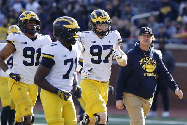 FILE- In an April 13, 2019, file photo, Michigan head coach Jim Harbaugh walks out with players during the team's annual spring NCAA college football game in Ann Arbor, Mich. Harbaugh seems to be set up for success at Michigan in his fifth season, leading a program that is a popular choice to win the Big Ten.