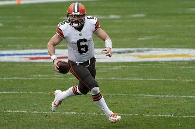 Cleveland Browns quarterback Baker Mayfield (6) in action during an NFL football game against the Pittsburgh Steelers, Sunday, Oct. 18, 2020, in Pittsburgh. (AP Photo/Justin Berl)