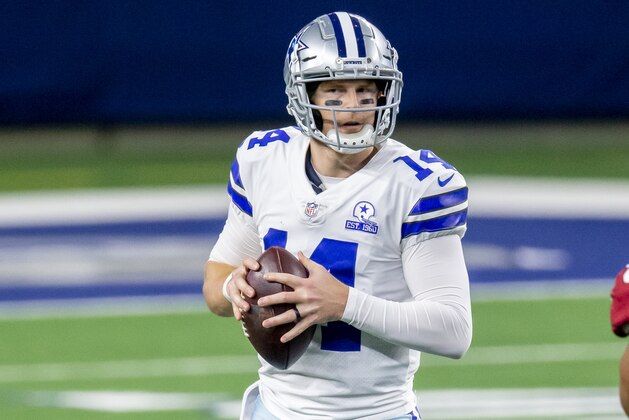 Dallas Cowboys quarterback Andy Dalton (14) looks to pass during an NFL football game against the Arizona Cardinals, Monday, Oct. 19, 2020, in Arlington, Texas. Arizona won 38-10. (AP Photo/Brandon Wade)