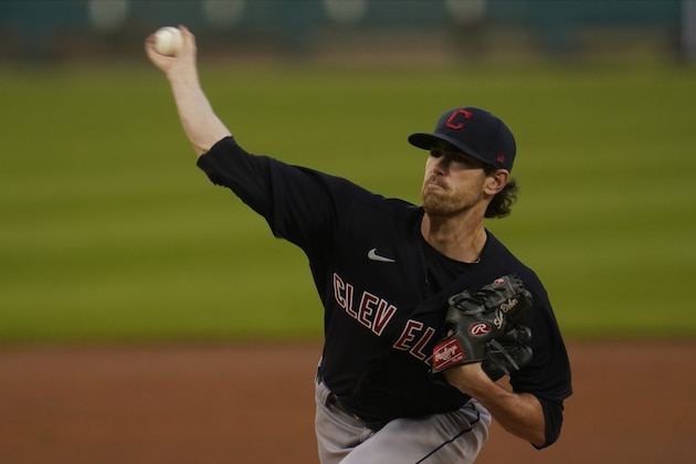Cleveland Indians pitcher Shane Bieber throws against the Detroit Tigers in the second inning of a baseball game in Detroit, Thursday, Sept. 17, 2020. (AP Photo/Paul Sancya)