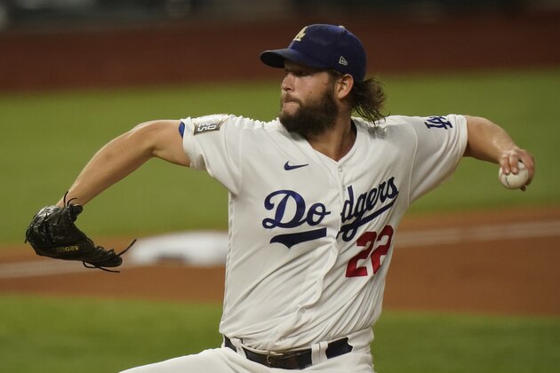 Los Angeles Dodgers starting pitcher Clayton Kershaw throws against the Tampa Bay Rays during the first inning in Game 1 of the baseball World Series Tuesday, Oct. 20, 2020, in Arlington, Texas. (AP Photo/Eric Gay) Los Angeles Dodgers starting pitcher Clayton Kershaw throws against the Tampa Bay Rays during the first inning in Game 1 of the baseball World Series Tuesday, Oct. 20, 2020, in Arlington, Texas. (AP Photo/Eric Gay)
