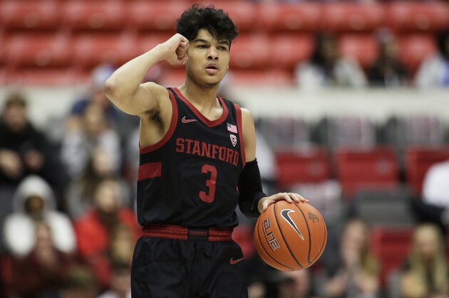 Stanford guard Tyrell Terry (3) brings the ball up the court during the first half of an NCAA college basketball game against Washington State in Pullman, Wash., Sunday, Feb. 23, 2020. (AP Photo/Young Kwak)
