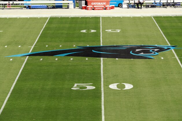 The Carolina Panthers logo is shown at mid-field before an NFL football game between the Carolina Panthers and the Dallas Cowboys in Charlotte, N.C., Sunday, Sept. 9, 2018. (AP Photo/Jason E. Miczek)