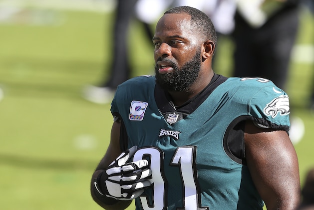 Philadelphia Eagles' Fletcher Cox (91) during an NFL football game, against the Baltimore Ravens, Sunday, Oct. 18, 2020, in Philadelphia. (AP Photo/Rich Schultz) Philadelphia Eagles' Fletcher Cox (91) during an NFL football game, against the Baltimore Ravens, Sunday, Oct. 18, 2020, in Philadelphia. (AP Photo/Rich Schultz)