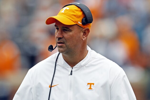 Tennessee head coach Jeremy Pruitt watches during the second half of an NCAA college football game against Mississippi State, Saturday, Oct. 12, 2019, in Knoxville, Tenn. (AP Photo/Wade Payne)