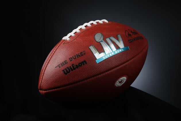 An official ball for the NFL Super Bowl LIV football game with the Kansas City Chiefs logo that was made at the Wilson Sporting Goods Co. in Ada, Ohio, Monday, Jan. 20, 2020. The Kansas City Chiefs will play the San Francisco 49ers in the Super Bowl LIV on Feb. 2, in Miami. (AP Photo/Ron Schwane)