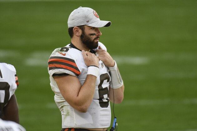 Cleveland Browns quarterback Baker Mayfield (6) strands on the sideline after being replaced by Case Keenum during the second half of an NFL football game against the Pittsburgh Steelers, Sunday, Oct. 18, 2020, in Pittsburgh. (AP Photo/Don Wright)
