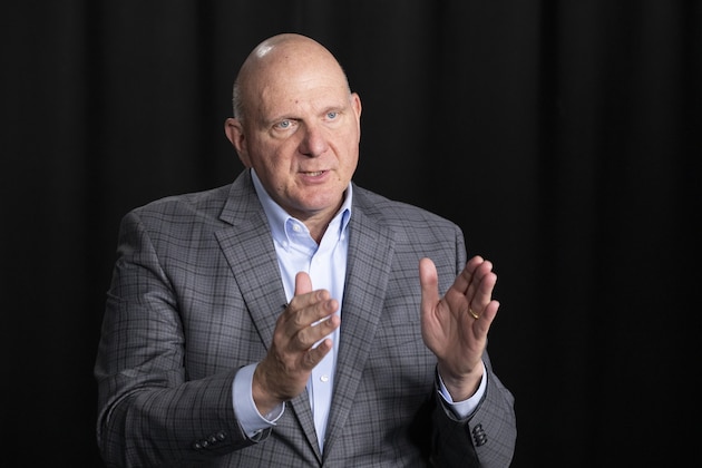 FILE - In this Thursday, Nov. 14, 2019 file photo, Steve Ballmer, founder of USA Facts, talks during an interview in New York. Los Angeles Clippers owner Steve Ballmer is buying the Forum for $400 million, clearing the way for the billionaire to build a new arena down the street in Inglewood, California. (AP Photo/Mark Lennihan, File)