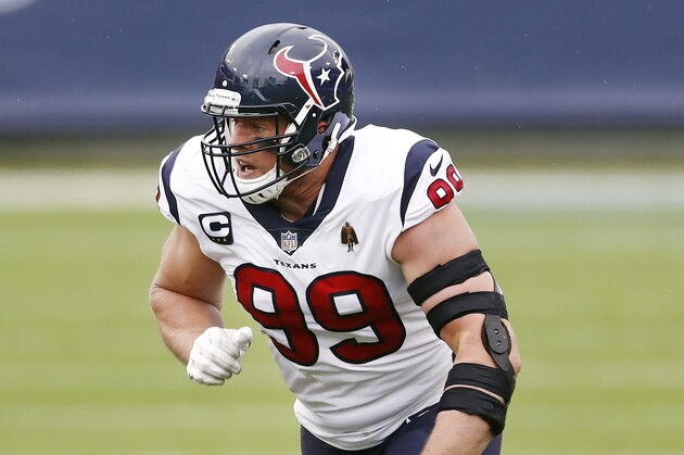 Houston Texans defensive end J.J. Watt plays against the Tennessee Titans in the first half of an NFL football game Sunday, Oct. 18, 2020, in Nashville, Tenn. (AP Photo/Wade Payne)