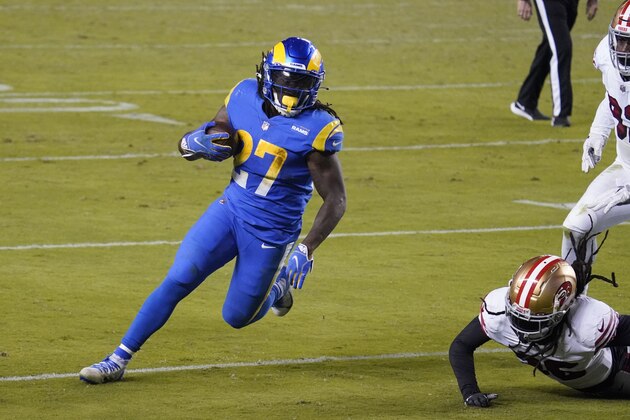 Los Angeles Rams running back Darrell Henderson Jr. (27) runs against the San Francisco 49er during an NFL football game in Santa Clara, Calif., Sunday, Oct. 18, 2020. (AP Photo/Tony Avelar)
