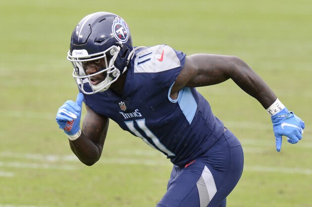 Tennessee Titans wide receiver A.J. Brown plays against the Houston Texans in the first half of an NFL football game Sunday, Oct. 18, 2020, in Nashville, Tenn. (AP Photo/Mark Zaleski)