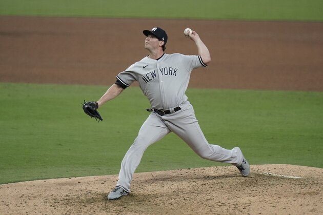 New York Yankees' Zack Britton throws during the sixth inning in Game 5 of the baseball team's AL Division Series against the Tampa Bay Rays, Friday, Oct. 9, 2020, in San Diego. (AP Photo/Jae C. Hong)