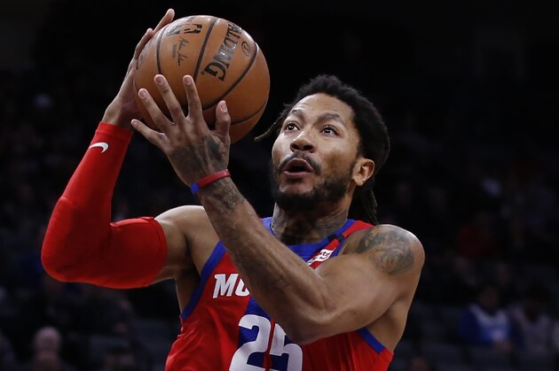 Detroit Pistons guard Derrick Rose goes to the basket during the first half of an NBA basketball game against the Sacramento Kings in Sacramento, Calif., Sunday, March 1, 2020.The Kings won 106-100. (AP Photo/Rich Pedroncelli)